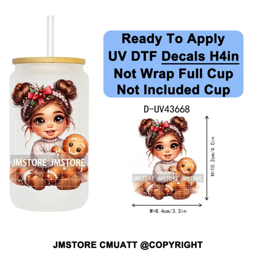 Floral Christmas Latina Chibi Girl UV DTF Transfer Stickers Decals Ready To Apply Good Quality Prints For Libbey Cold Cup Mugs