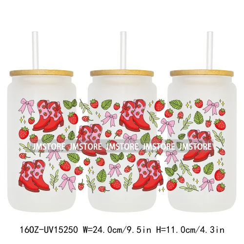 Floral Strawberry Coquette Bow 16OZ UV DTF Cup Wraps Ready To Apply Waterproof Transfer Stickers For Libbey Glass Can Tumbler