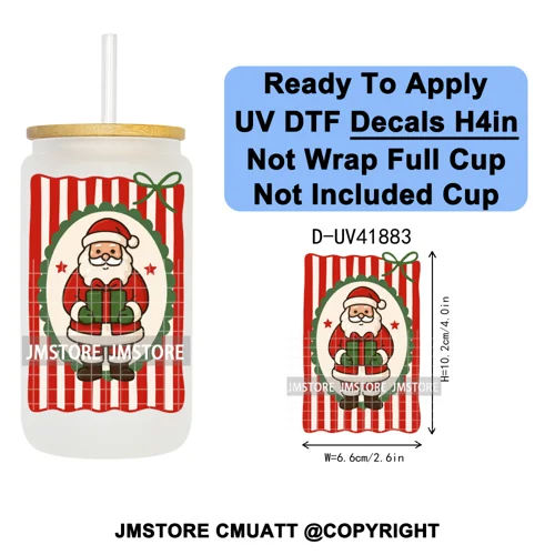 Preppy Christmas Stamps Xmas Card UV DTF Transfer Stickers Decals Ready To Apply Waterproof For 16OZ Libbey Glass Can Tumbler