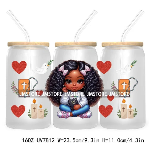 Cute Black Afro Girls 16OZ UV DTF Cup Wrap Transfer Stickers For Libbey Glass Can Cups Tumbler Waterproof Labels Christian Cross