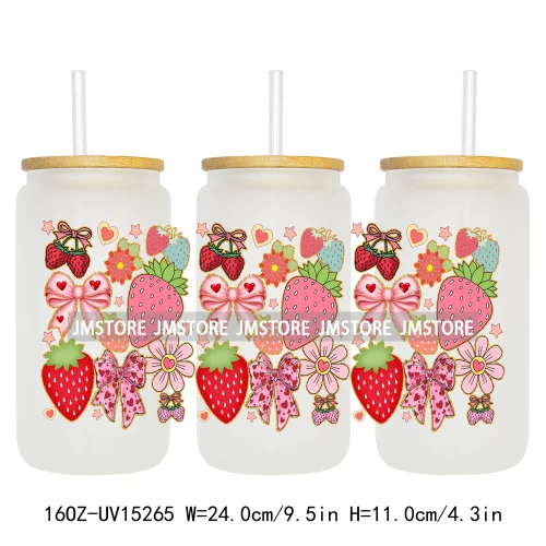 Floral Strawberry Coquette Bow 16OZ UV DTF Cup Wraps Ready To Apply Waterproof Transfer Stickers For Libbey Glass Can Tumbler