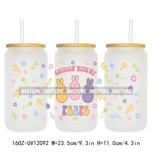 Retro Easter Bunny Rabbit Eggs Flowers 16OZ UV Cup Wrap DTF Transfer Stickers For Libbey Glass Can Cup Tumbler Waterproof Labels