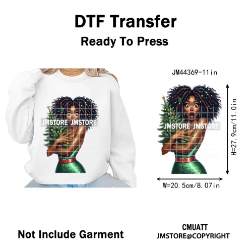 Funny Xmas Afro Glam Girly Gifts Holly Christmas Light Iron on Washable DTF Heat Transfers Stickers Ready to Press for Clothes