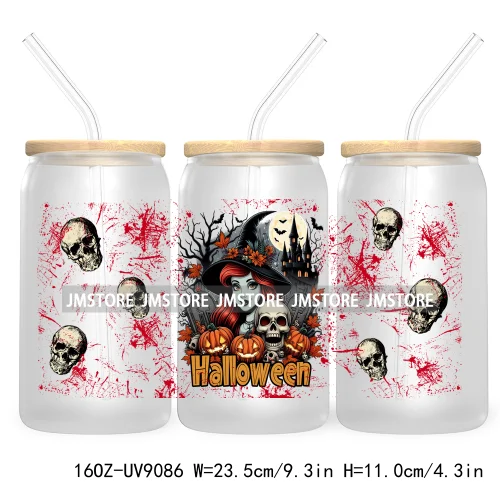 Spooky Halloween Princess 16OZ UV Cup Wrap DTF Transfer Sticker For Libbey Glass Can Cup Tumbler Waterproof Label Trick or Treat