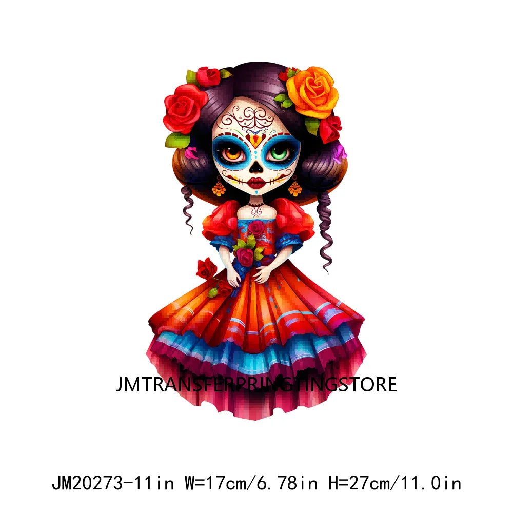 Cute Doll La Catrina Day Of The Dead Sugar Skull Mexican Halloween Iron On DTF Transfer Stickers Ready To Press For Hoodies Bags