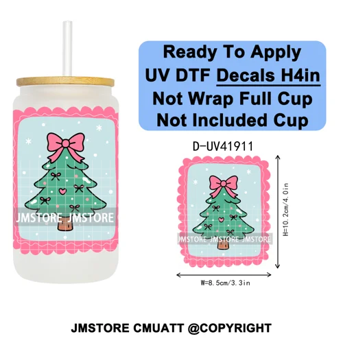 Preppy Christmas Stamps Xmas Card UV DTF Transfer Stickers Decals Ready To Apply Waterproof For 16OZ Libbey Glass Can Tumbler