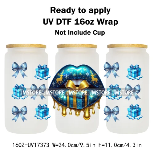 Colorful Christmas Lips Holiday Gifts Xmas Balls UV DTF Wraps Transfer Sticker Waterproof Logo For 16OZ Libbey Glass Can Tumbler