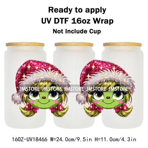 Faux Glitter Christmas Girl Green Guy UV DTF Stickers Ready To Apply Cup Wrap Custom Labels DIY Craft For Libbey Glass Can Mugs