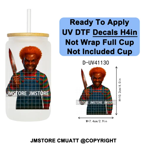 Black Horror Dad Halloween Spooky Daddy UV DTF Decals Ready To Apply Waterproof Transfer Stickers For 16OZ Libbey Glass Can Cups