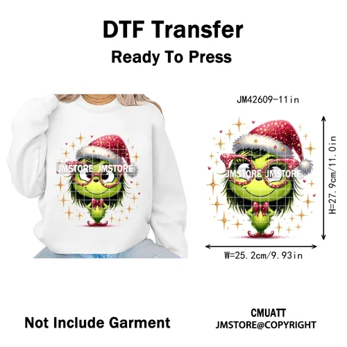 Faux Glitter Cartoon Christmas Movie Green Santa Kid Girly Xmas Iron on DTF Washable Transfer Sticker Ready to Press for Textile