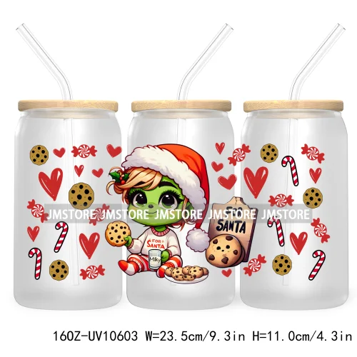 Cute Baby Green Character Christmas Season 16OZ UV Cup Wrap DTF Transfer Stickers For Libbey Glass Can Cups Tumbler Coquette Bow