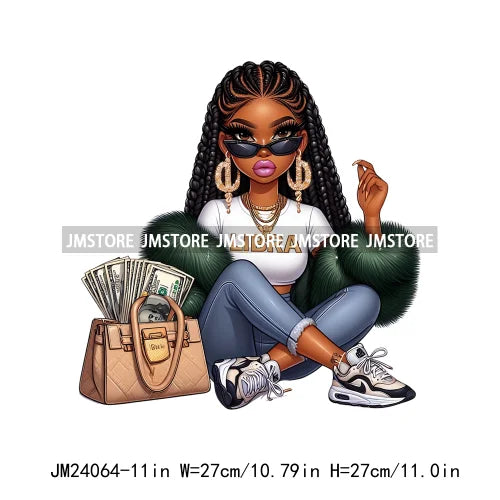 Afro Girl With Purse Money Zodiac Astrology Horoscope Urban Hip Hop Rich Black Melanin Iron On DTF Transfer Stickers For Hoodies