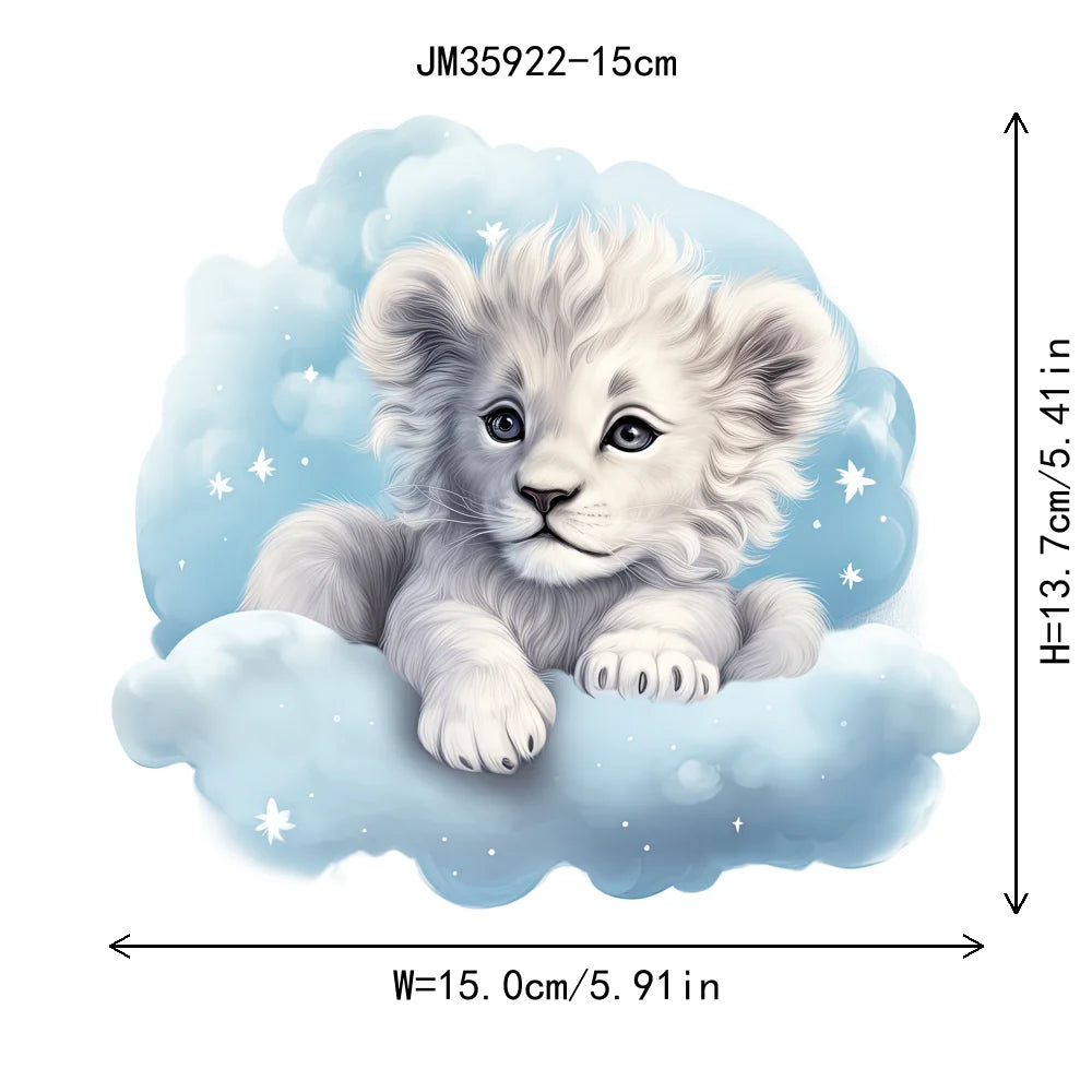 15cm 5.9in Kid Cloud Animal Tiger Lion Iron On Heat Transfer Sticker For Clothes DTF Print Vinyl Thermal Washable T-Shirt Decal