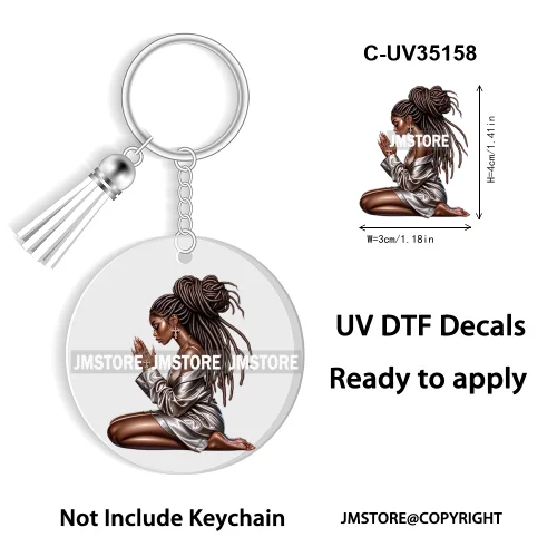 Christian Jesus God Pray Afro Girl UV DTF Decal Round Keychain Ready To Apply WaterProof Transfer Stickers For Circle Keychain