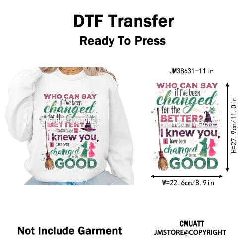 Witch Changed For Good Faux Glitter Pink and Green Movie Iron on DTF Washable Transfers Stickers Ready to Press for Clothes Bags