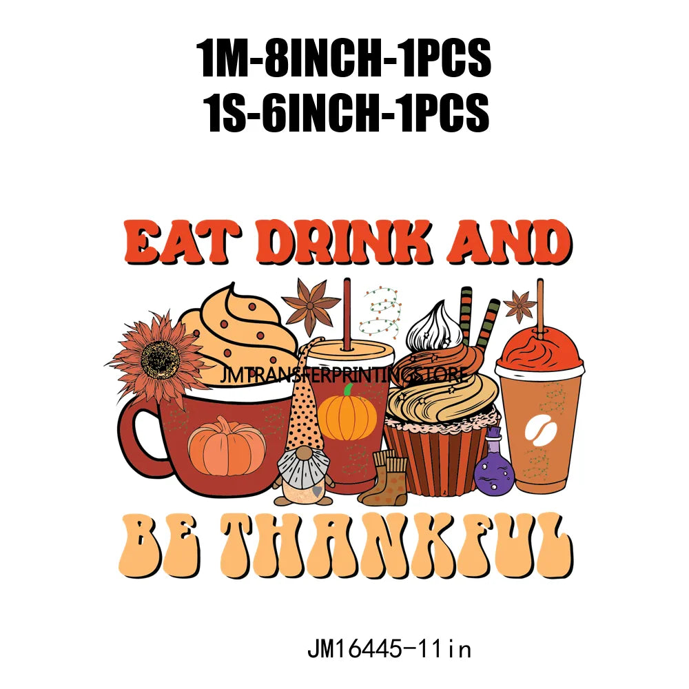 Eat Drink And Be Thankful Hallothanksmas Decals Santa Gnome Coffee Cup Animal Pumpkin Iron On DTF Transfer Sticker For Clothing