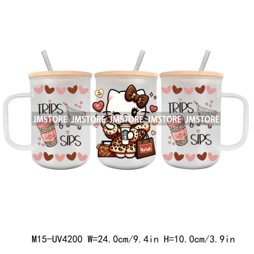 Cartoon Best Friends UV DTF Glass Can Wrap For 15OZ Mug Glass Cup Transfer Stickers DIY Custom Logo Labels Cute Cat Sunflowers