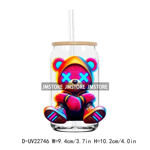 Colorful Neon Teddy Bear Urban Style UV DTF Transfers Stickers Decals For Libbey Cold Cups Mugs Tumbler Waterproof DIY Craft