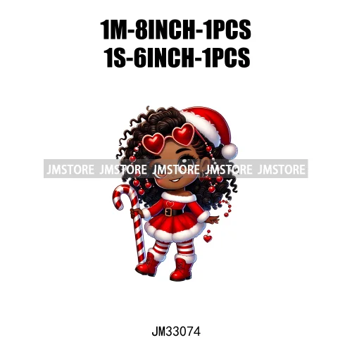 Chibi Candy Santa Girl African American Characters Merry Christmas Gift Iron On DTF Transfer Stickers Ready To Press For Clothes