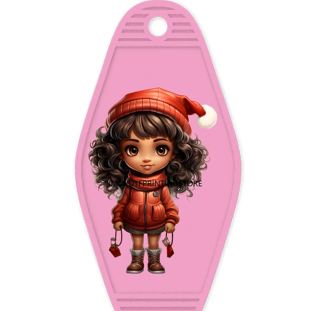 Merry Christmas Little Girls With Santa Hat High Quality WaterProof UV DTF Sticker For Motel Hotel Keychain