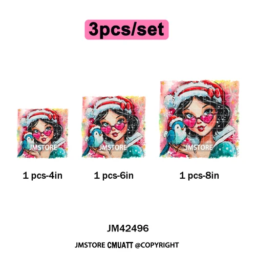 Glasses Cartoon Princess Animal Christmas Brushstroke Festive Vibes Iron on DTF Transfers Stickers Ready to Press for Hoodies