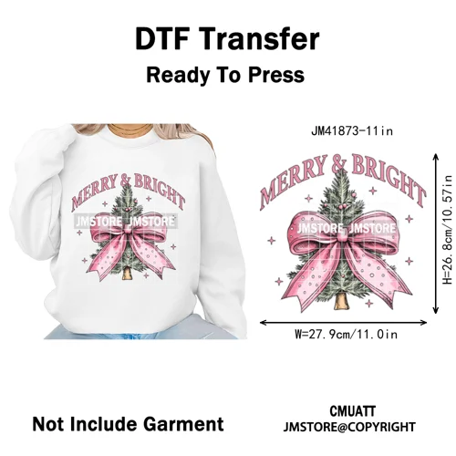 Merry and Bright Coquette Patchwork Santa Christmas Holiday Season Iron on DTF Heat Transfer Stickers Ready to Press for Hoodies