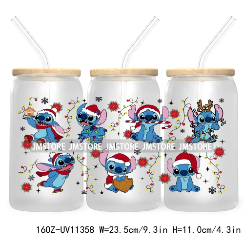 Cute Kids Cartoon Character With Christmas Lights Tree Xmas Holiday UV DTF Transfer 16OZ Libbey Glass Can Wrap Ready to Apply