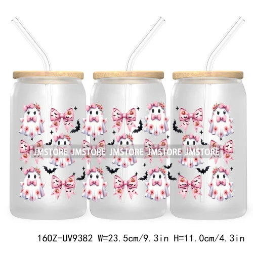 Coquette Pumpkin Autumn 16OZ UV DTF Cup Wrap Transfer Stickers Custom Waterproof Label For Libbey Glass Can Cute Ghost Halloween