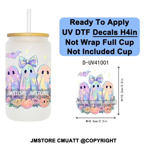 Iridescent Ghost Pumpkin Coquette Halloween UV DTF Transfer Stickers Decals Ready To Apply Waterproof For 16OZ Libbey Glass Can
