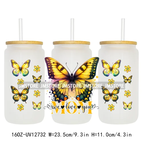 We Love You Mom Butterfly Flowers Mother's Day UV DTF Sticker For 16OZ Libbey Glass Cup Can Wrap Transfer Stickers Custom Labels