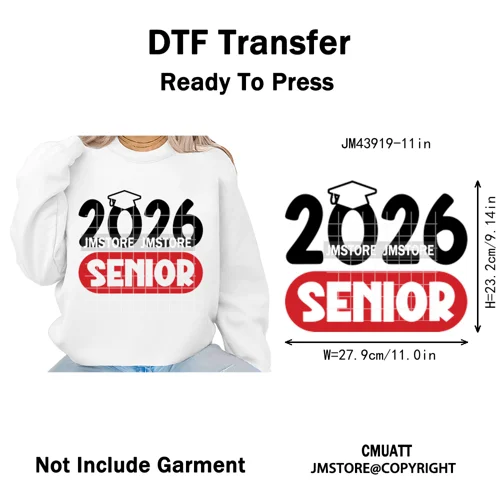 College Mega Senior 2K26 Coquette Class of 2026 Iron on Washable DTF Heat Transfers Stickers Ready to Press for Textiles Bags