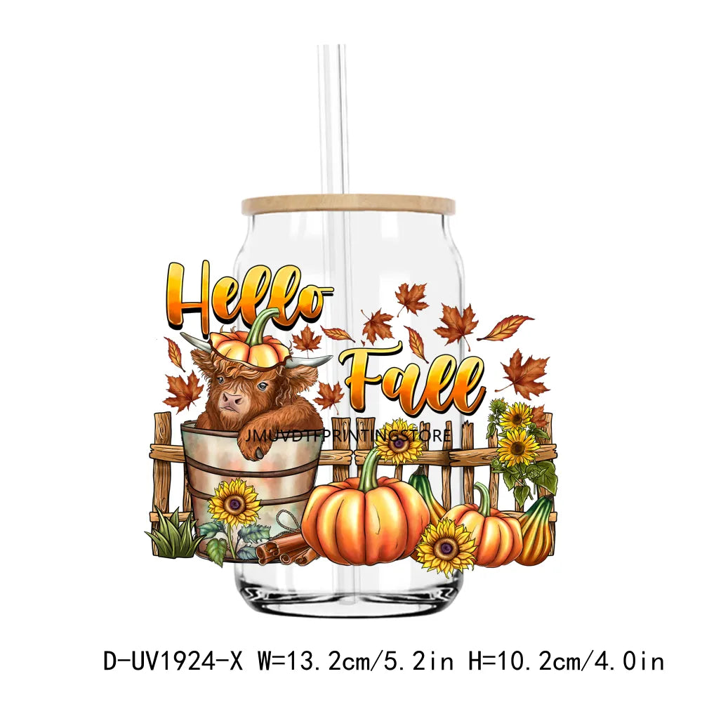 Howdy Fall Highland Cow Pumpkin UV DTF Transfers Stickers Decals For Libbey Cold Cups Mugs Tumbler Waterproof DIY Craft