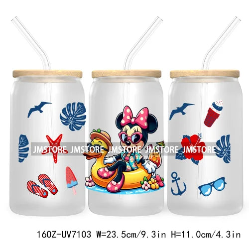 Horror's Summer Vacation 16OZ UV DTF Cup Wrap Transfers Stickers For Libbey Glass Can Cups Tumbler Waterproof Craft Cartoon Girl