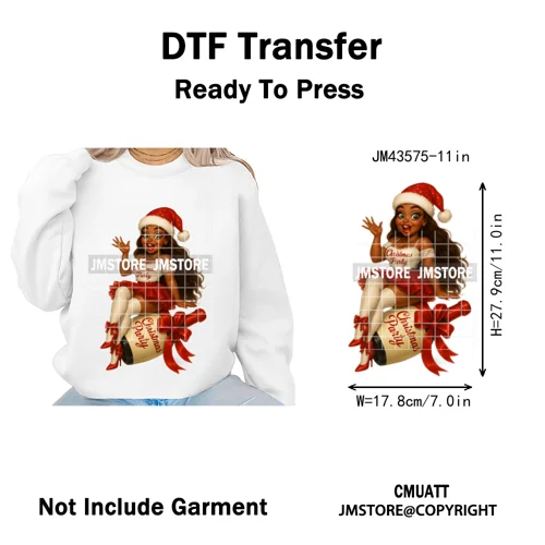 Wine Christmas Black Girls Santa Cheer Winter Holiday Party Iron on Washable DTF Transfers Stickers Ready to Press for Textiles