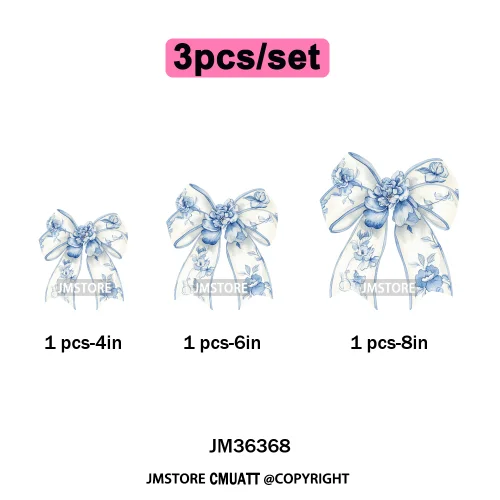 Blue And White Toile Chinoiserie Floral Coquette Bow Thermal Decals Iron on DTF Transfers Stickers Ready to Press for Clothing