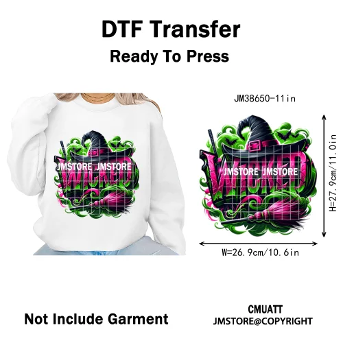 Witch Changed For Good Faux Glitter Pink and Green Movie Iron on DTF Washable Transfers Stickers Ready to Press for Clothes Bags