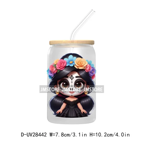 Cute Latina Cartoon Princess Baby Girl UV DTF Transfer Stickers Decals For Libbey Cold Cups Mug Tumbler Labels Sugar Skull Woman