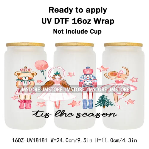 Faux Glitter Preppy Nutcracker Christmas UV DTF Cup Wrap Ready To Apply Transfer Sticker 16OZ Tumbler Wraps For Libbey Glass Can