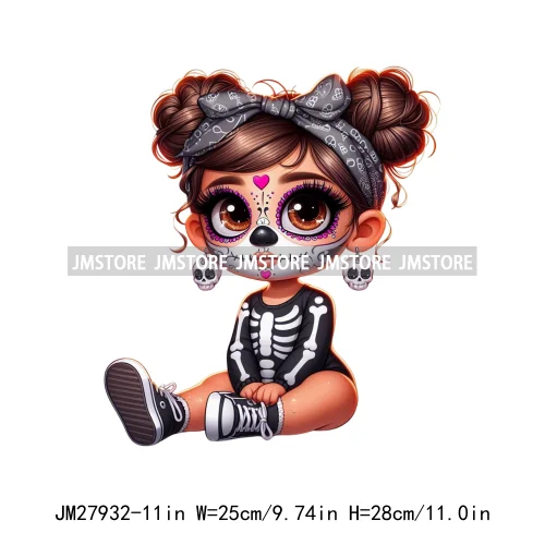 Halloween Skeleton Latina Baby Chibi Hispanic Girls Spooky Season DTF Iron On Transfers Stickers Ready To Press For Clothing