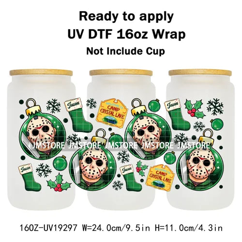 Horror Killers Christmas Ball Stocking Season UV DTF Wraps Transfer Stickers Ready To Apply Waterproof For 16OZ Libbey Glass Can