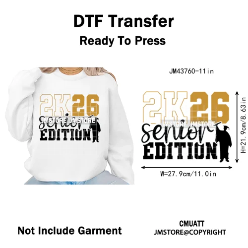 Class of 2026 High School Senior Edition Graduate Season Iron on Washable DTF Heat Transfer Stickers Ready to Press for Clothing