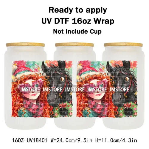 Brushstroke Christmas Glitter Princess UV DTF Cup Wrap Ready To Apply Transfer Stickers 16OZ Tumbler Wraps For Libbey Glass Can