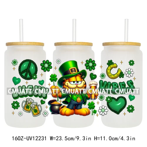 Cartoon Princess Girls St Patricks' Day Lucky Vibes 16OZ UV DTF Cup Transfer Wrap Sticker Waterproof Logos For Libbey Glass Can