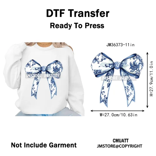 Blue And White Toile Chinoiserie Floral Coquette Bow Thermal Decals Iron on DTF Transfers Stickers Ready to Press for Clothing