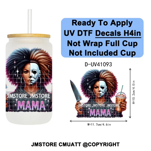 Scary Movie Character Afro Girls Halloween UV DTF Transfer Stickers Decals Ready To Apply Waterproof For 16OZ Libbey Glass Can