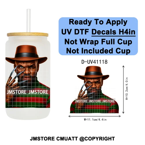 Black Horror Dad Halloween Spooky Daddy UV DTF Decals Ready To Apply Waterproof Transfer Stickers For 16OZ Libbey Glass Can Cups