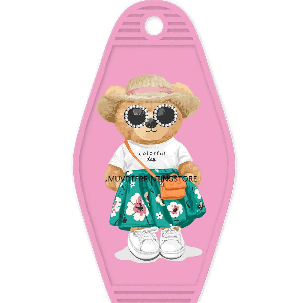 Cute Pink Teddy Bear Girl High Quality WaterProof UV DTF Sticker For Motel Hotel Keychain Brown Bears Baseball