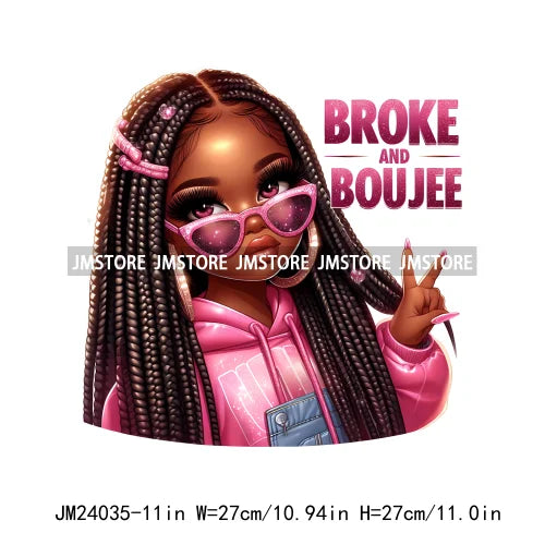 Mom Broke Bestie Little Girls Funny Quote Logos Curvy Black Afro Women Iron On DTF Transfer Stickers Ready To Press For T-shirts