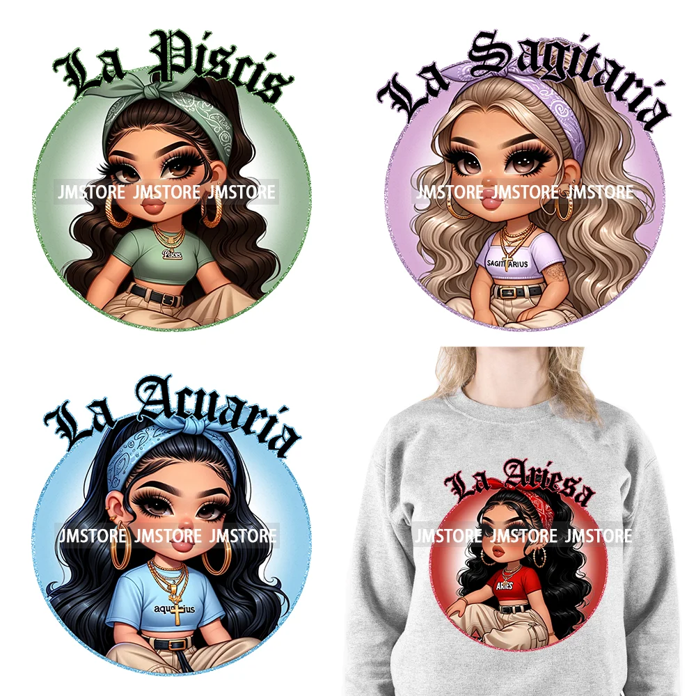 New Washable Chicana Chola Chibi Latina Spanish Zodiac Cute Girls DTF Iron On Transfers Stickers Ready To Press For Clothing