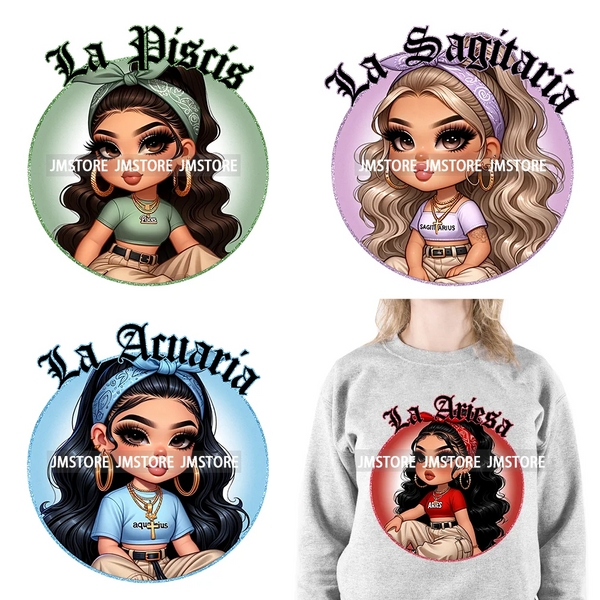 New Washable Chicana Chola Chibi Latina Spanish Zodiac Cute Girls DTF Iron On Transfers Stickers Ready To Press For Clothing